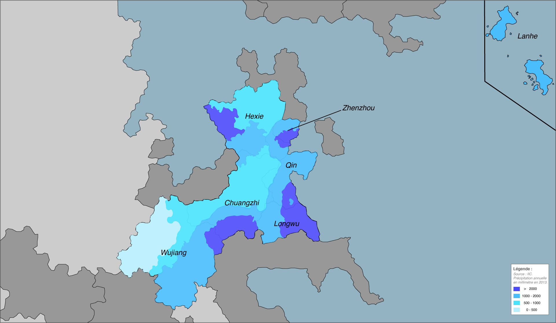 Carte de la moyenne des précipitations annuelles au Grand Ling.