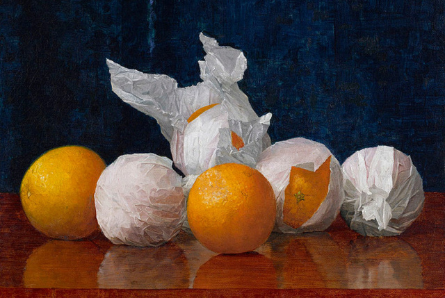 Peinture représentant des oranges dont certaines sont emballées dans du papier de soie. Peinture représentant des oranges dont certaines sont emballées dans du papier de soie.
